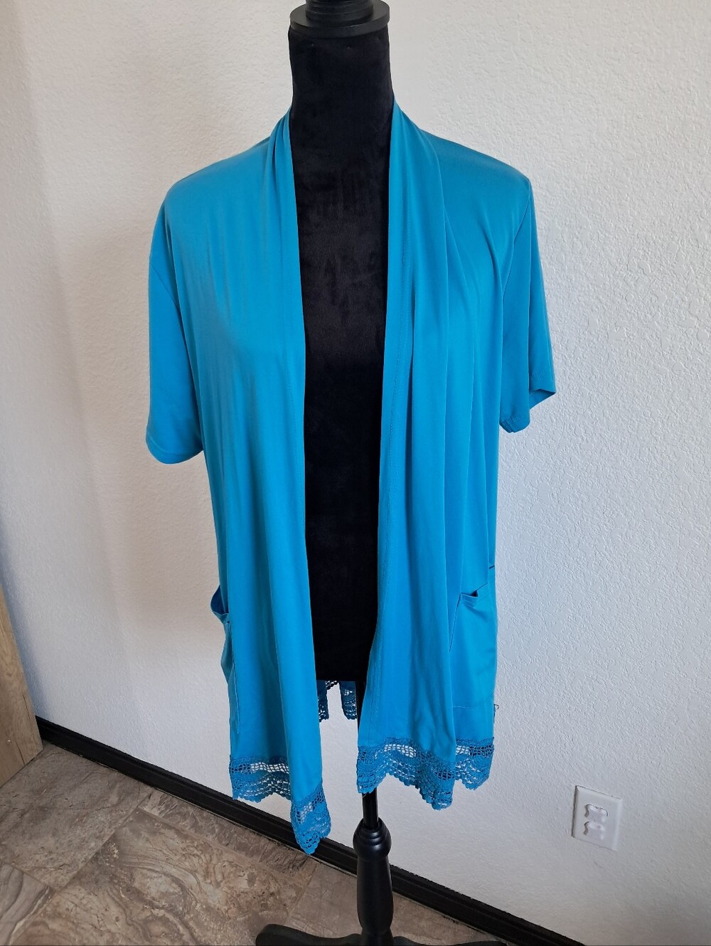 Zerdocean 2X Duster Open Front Blue Short Sleeve Crochet Lace Hem Pockets Casual